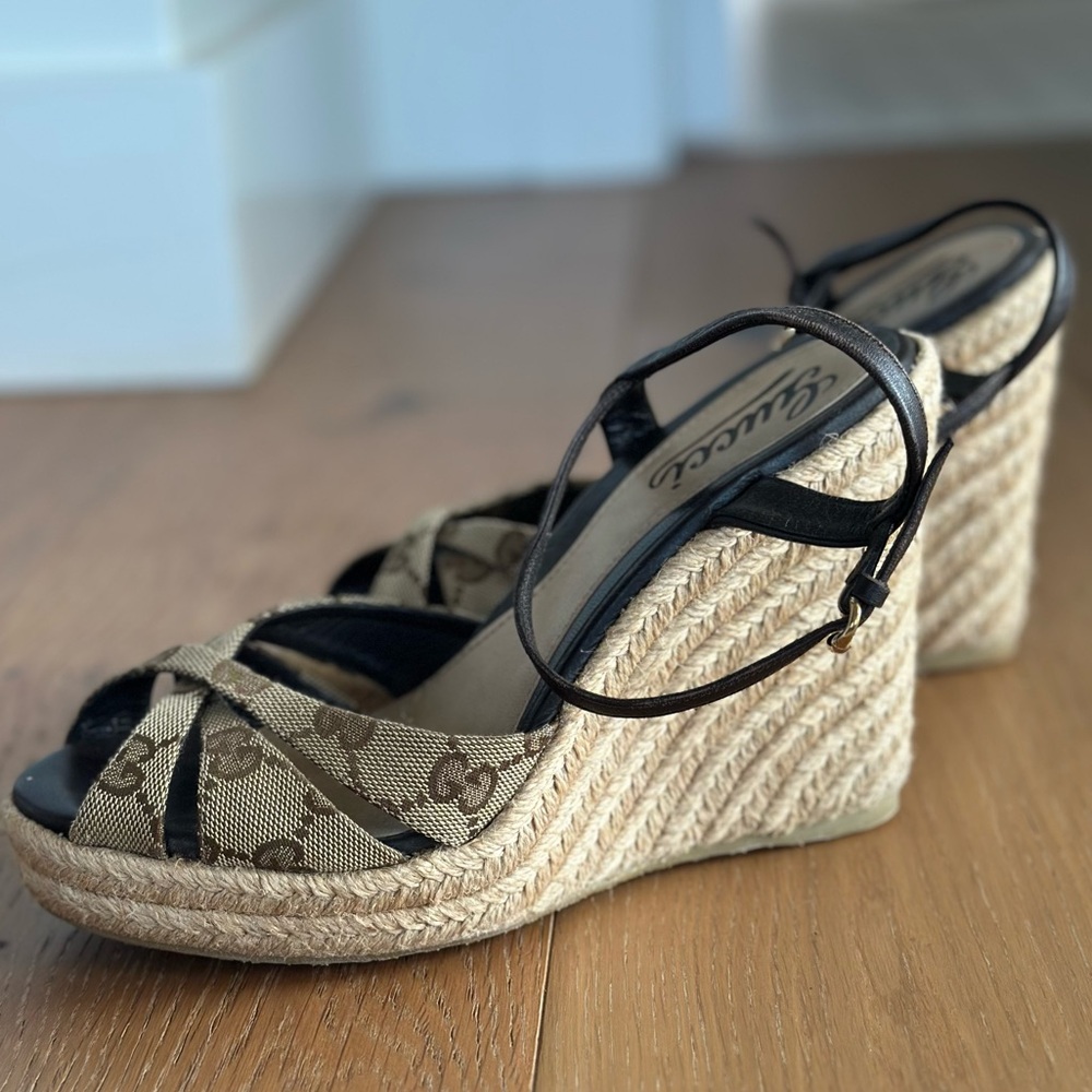 Authentic Gucci GG Canvas Wedge Espadrilles